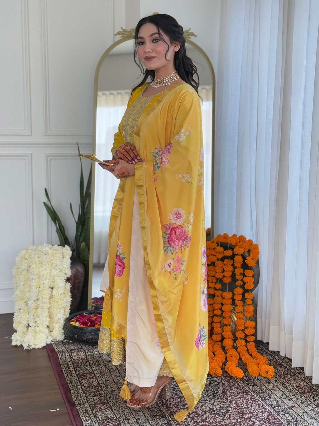 The52 Women's Beautiful Art Silk Embroidered Flared Kurta with Pant And Dupatta Set