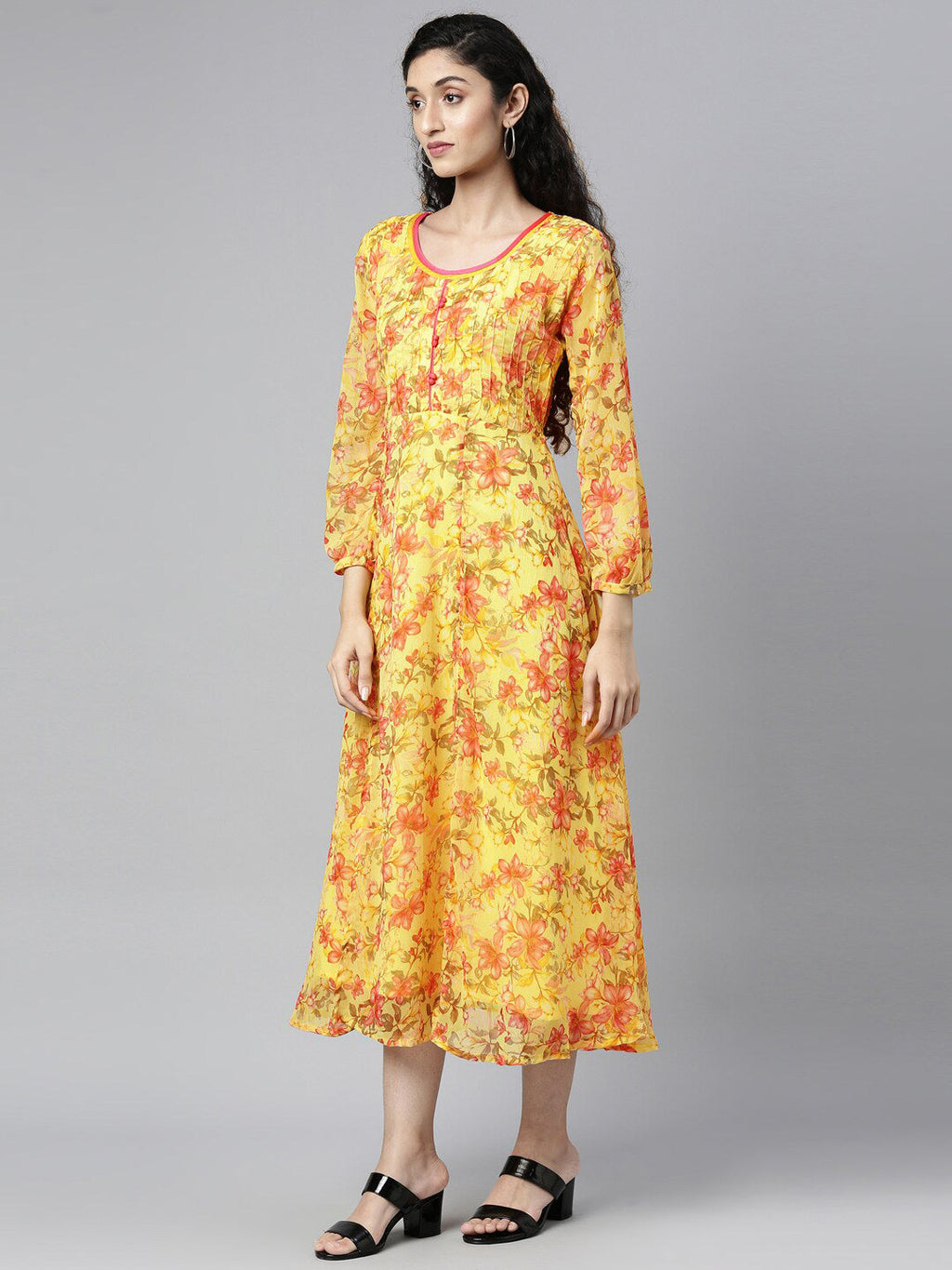 Souchii Floral Chiffon A-Line Midi Dress