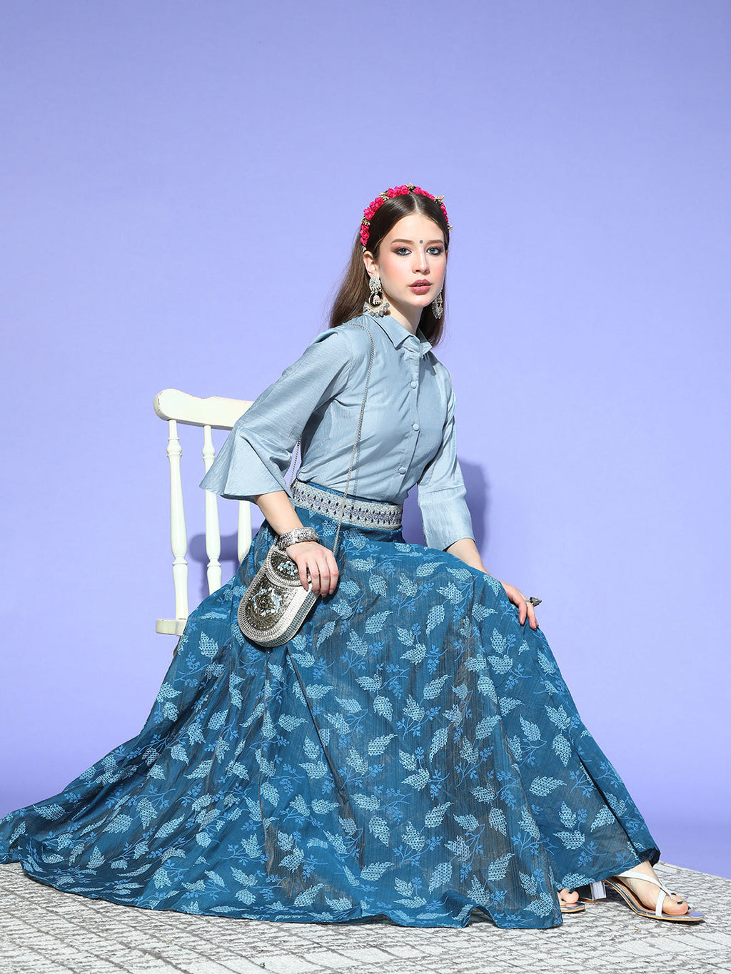 InWeave Blue & Grey Chanderi Skirt Fusion Set