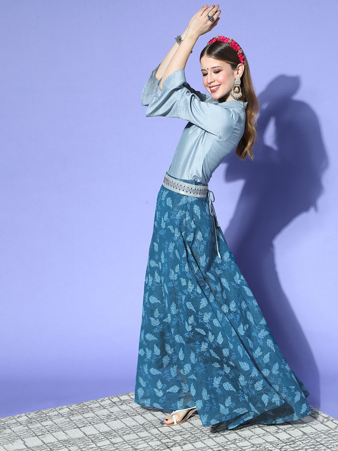 InWeave Blue & Grey Chanderi Skirt Fusion Set