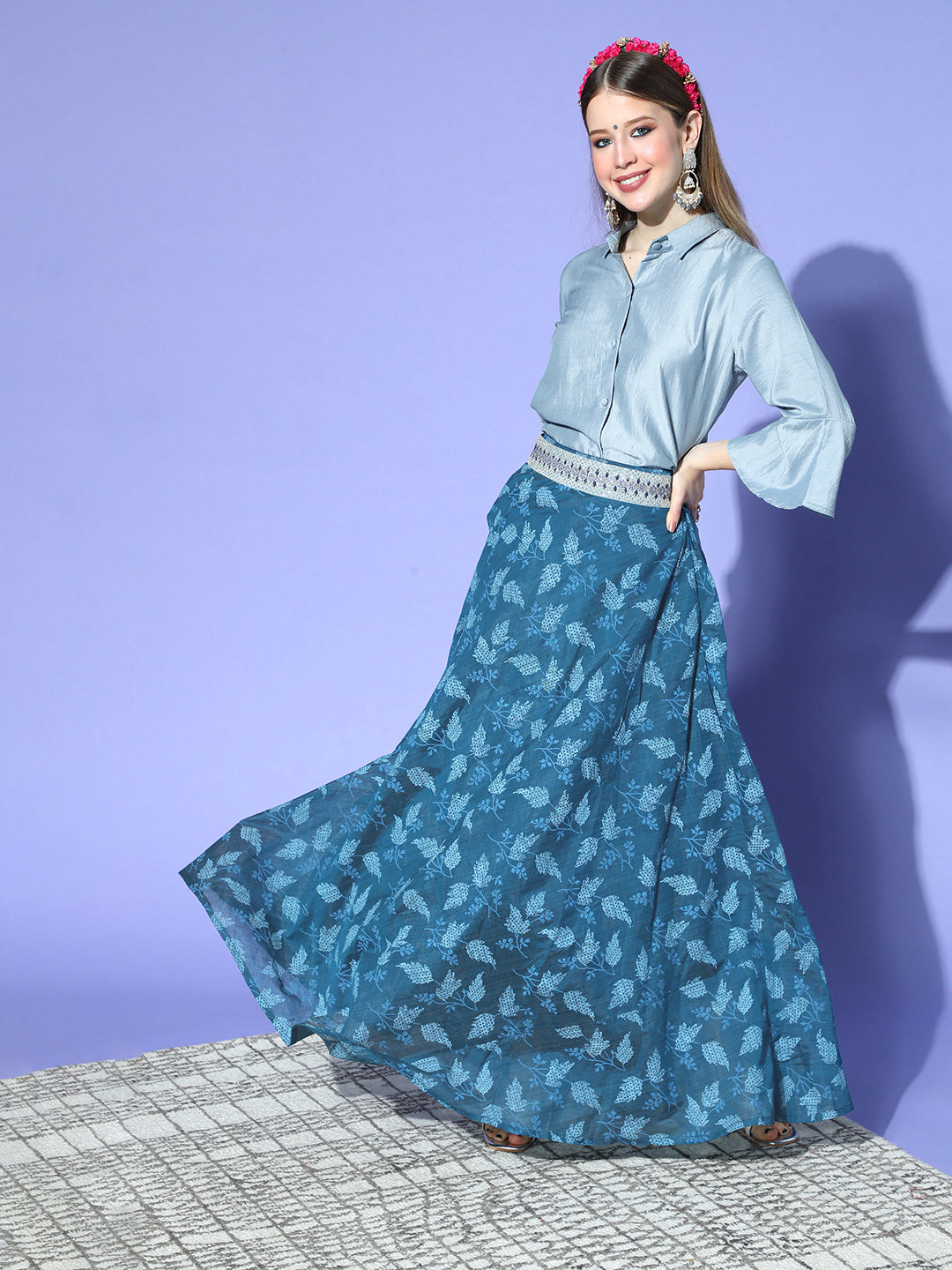 InWeave Blue & Grey Chanderi Skirt Fusion Set