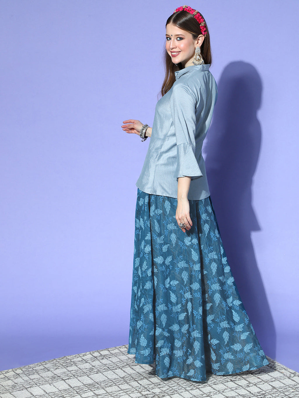 InWeave Blue & Grey Chanderi Skirt Fusion Set