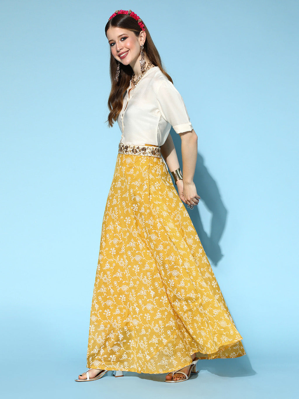InWeave Yellow & White Chanderi Skirt Fusion Set