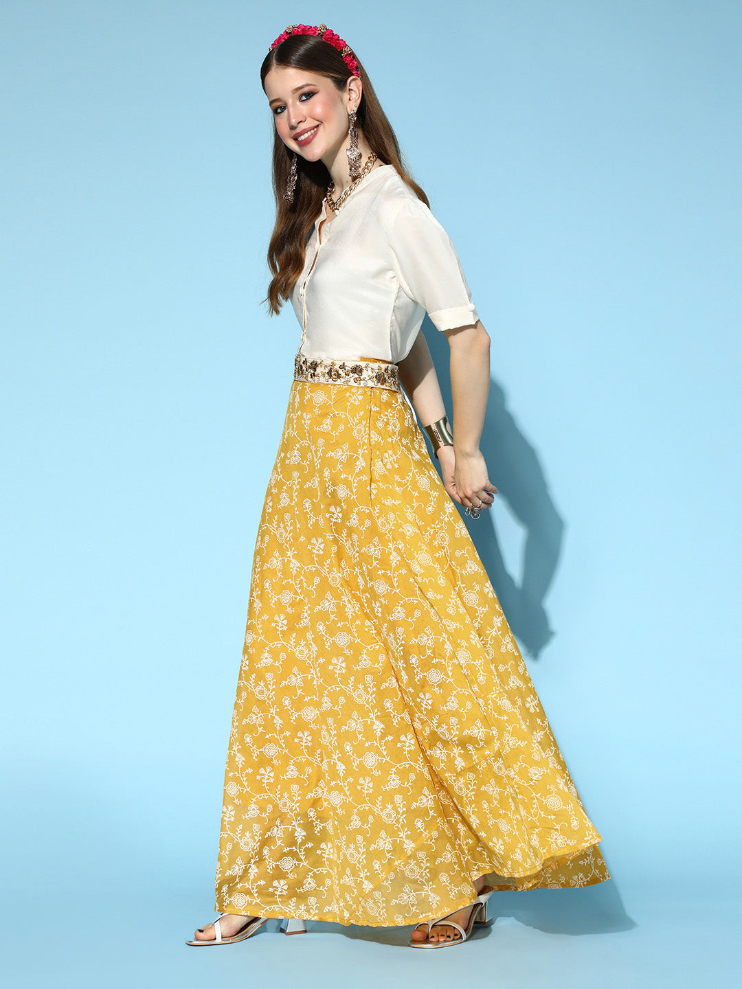 InWeave Yellow & White Chanderi Skirt Fusion Set