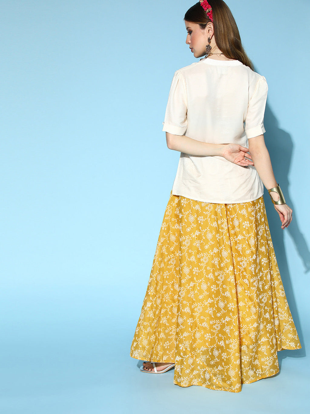 InWeave Yellow & White Chanderi Skirt Fusion Set