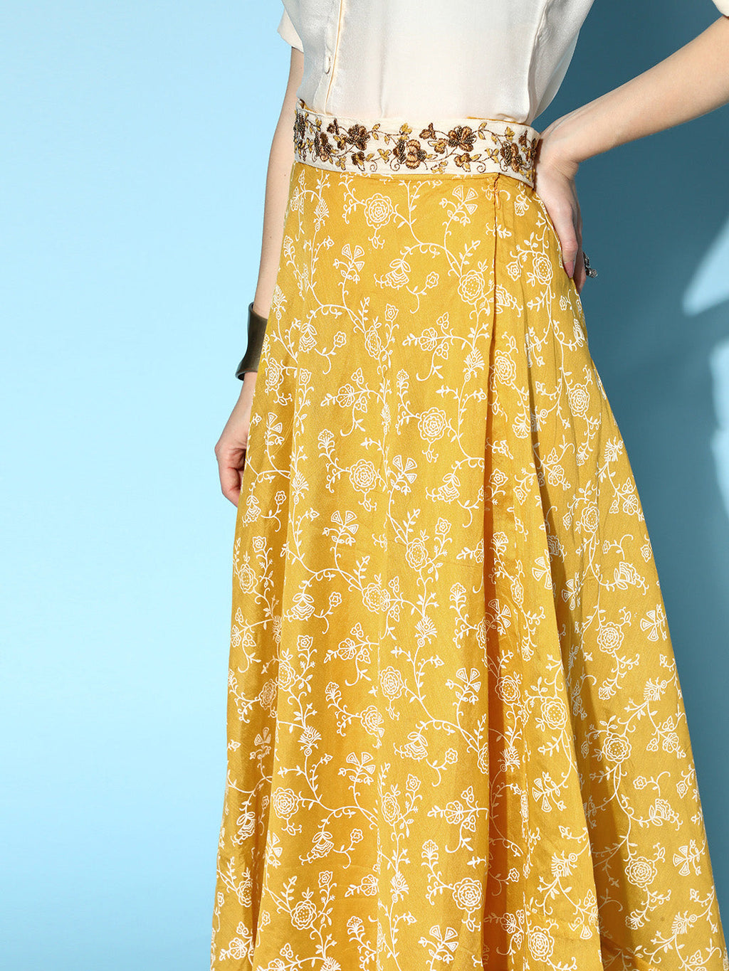 InWeave Yellow & White Chanderi Skirt Fusion Set