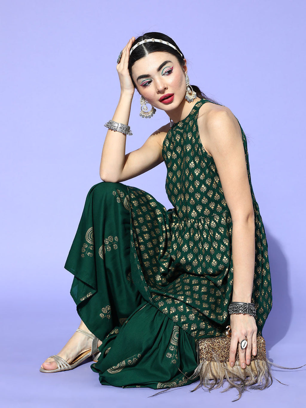 InWeave Green Gold Work Sharara Set