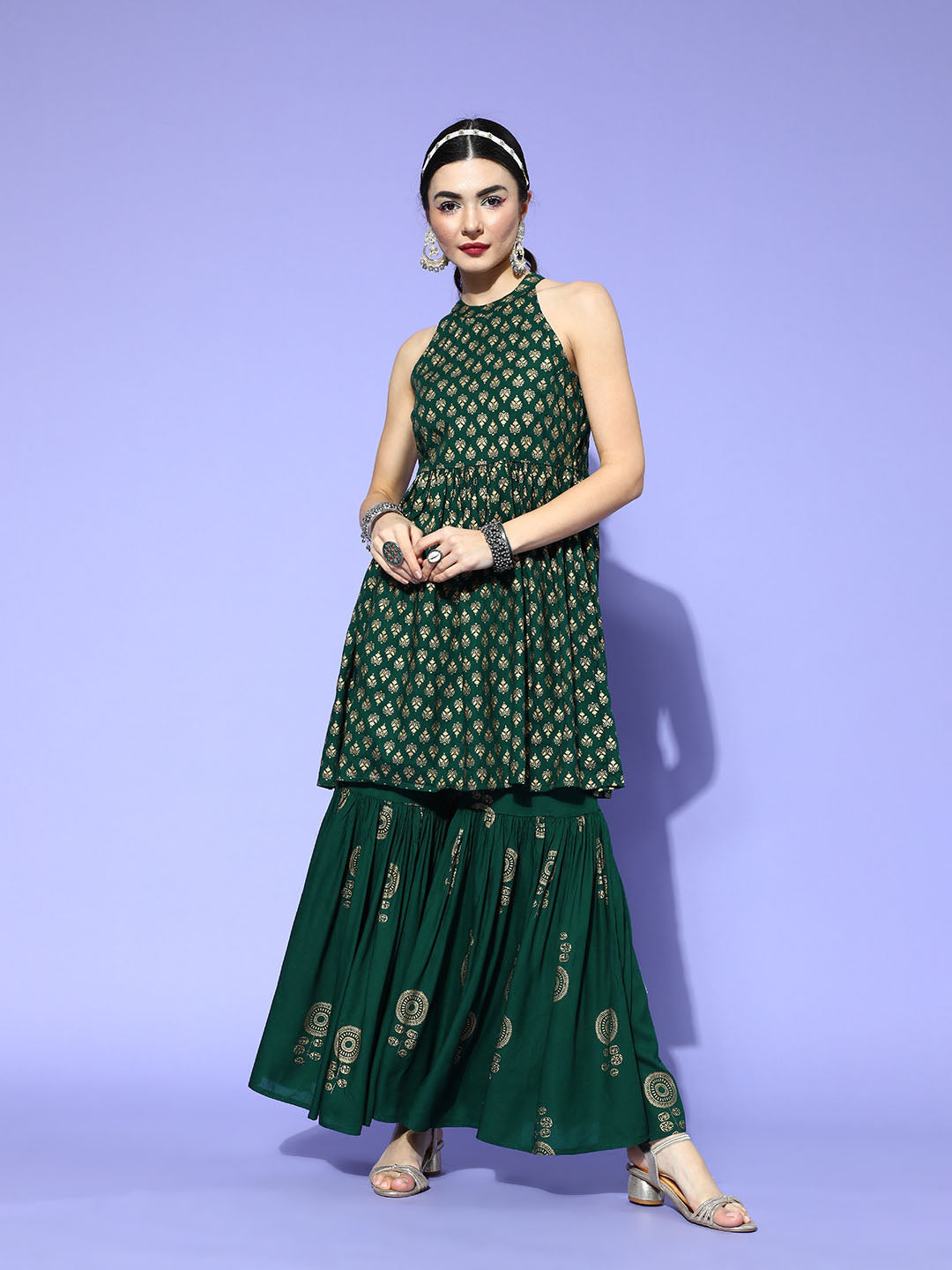 InWeave Green Gold Work Sharara Set