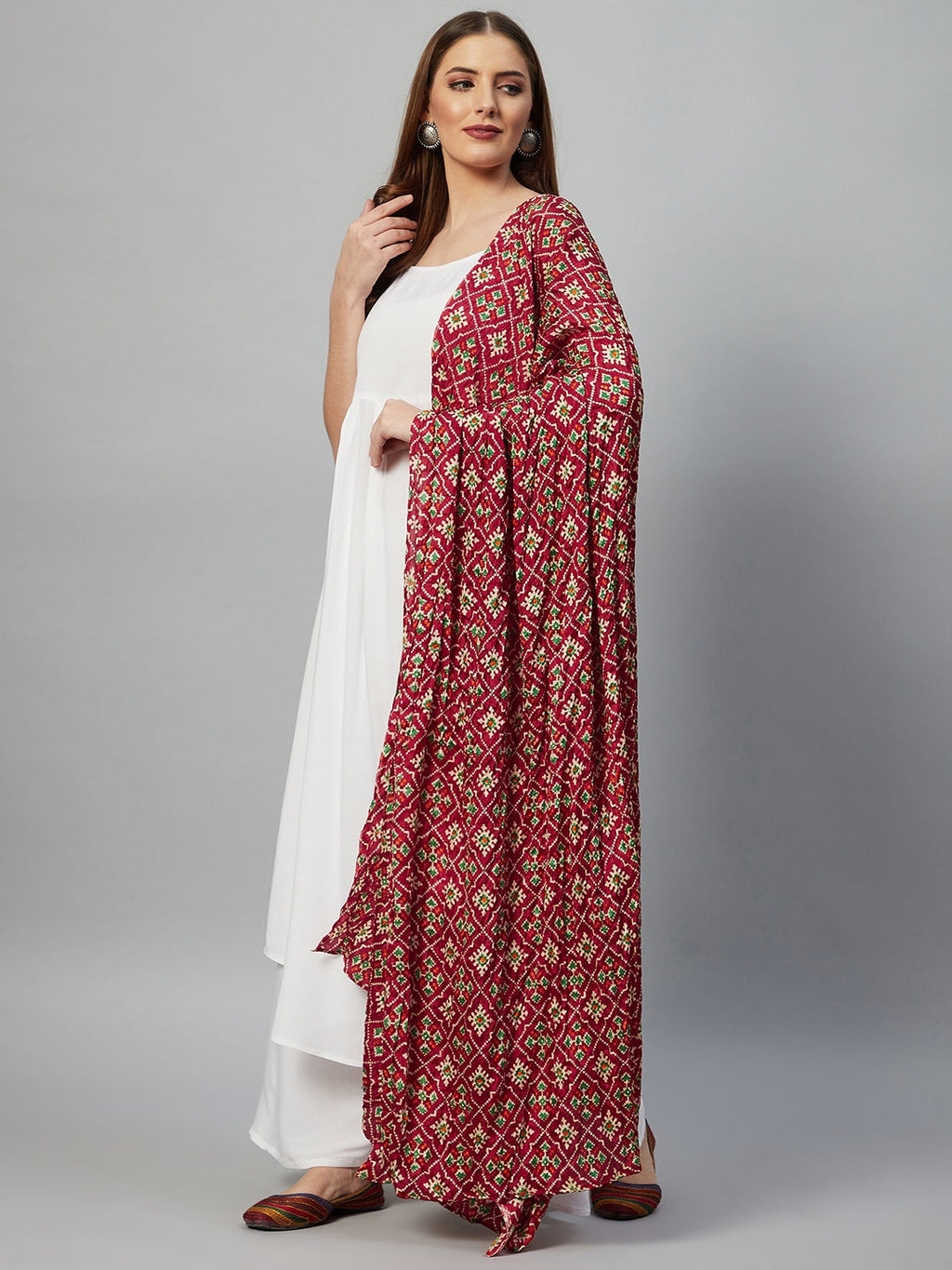 InWeave White Strappy Set - Maroon Fosilk Dupatta