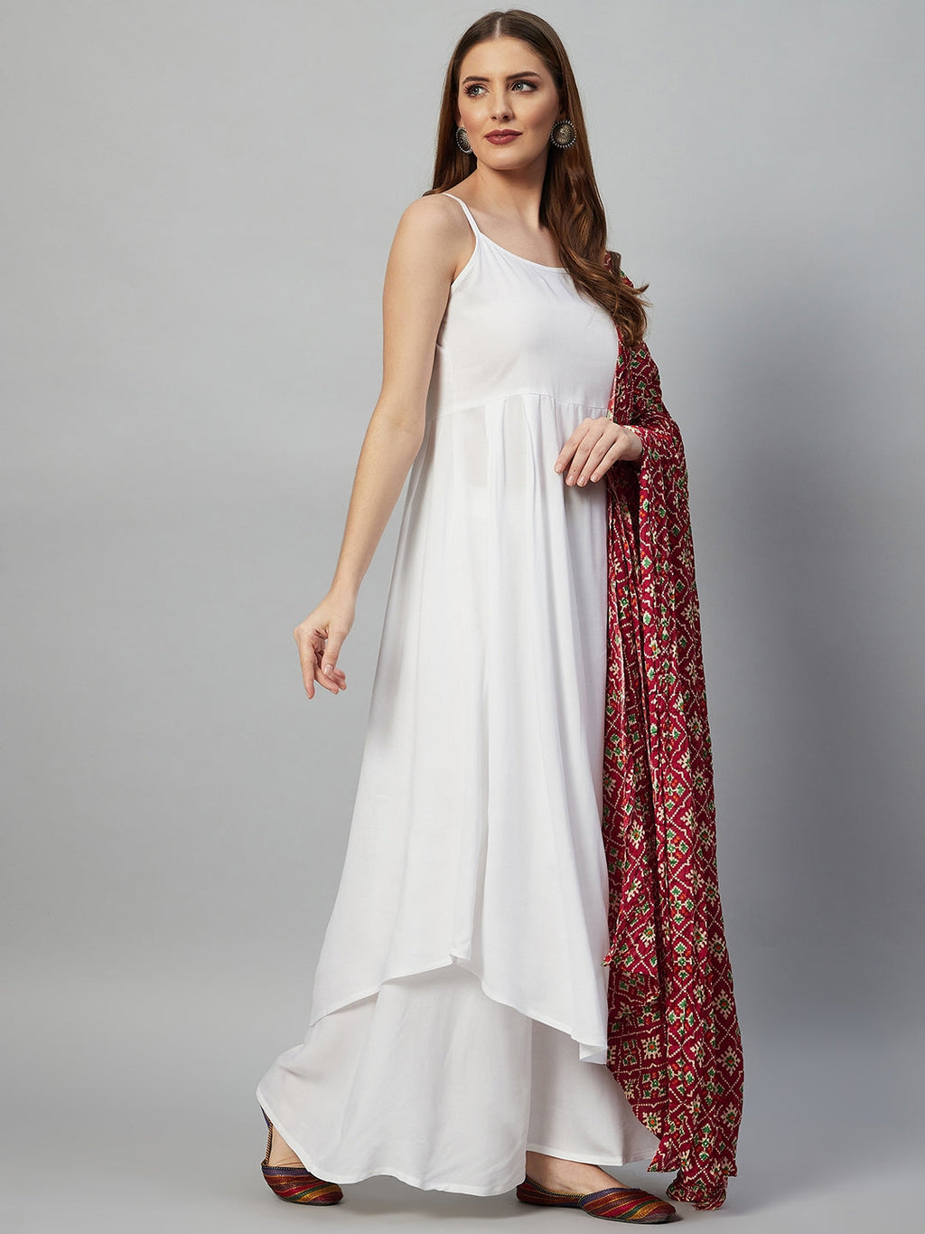 InWeave White Strappy Set - Maroon Fosilk Dupatta