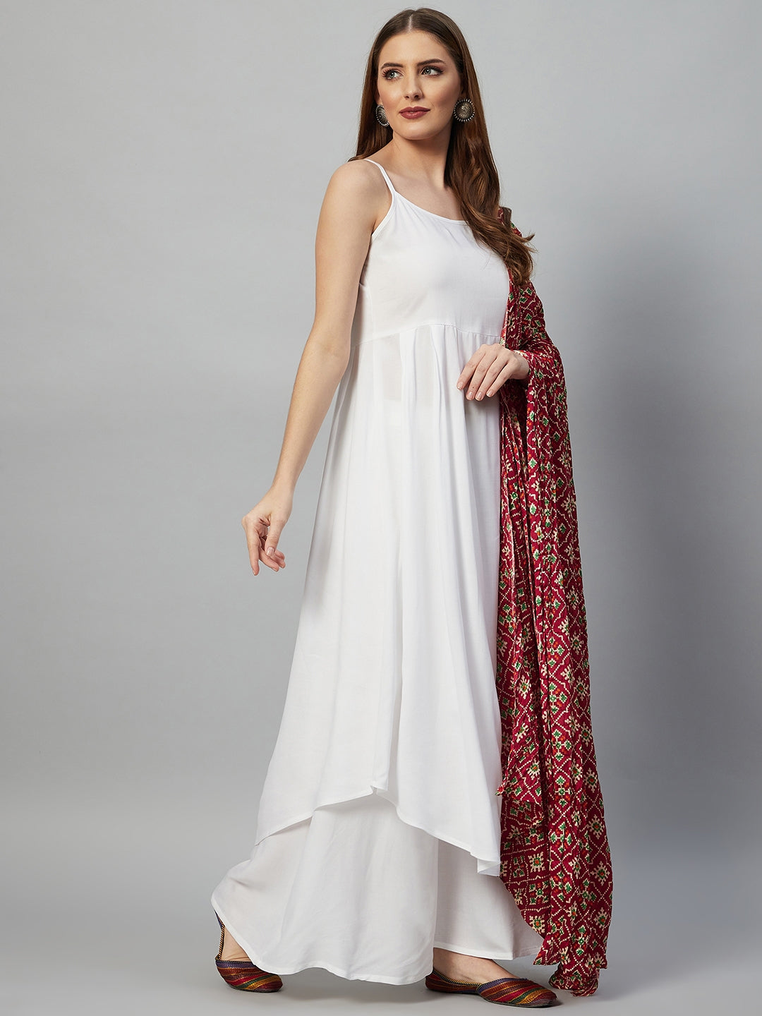 InWeave White Strappy Set - Maroon Fosilk Dupatta