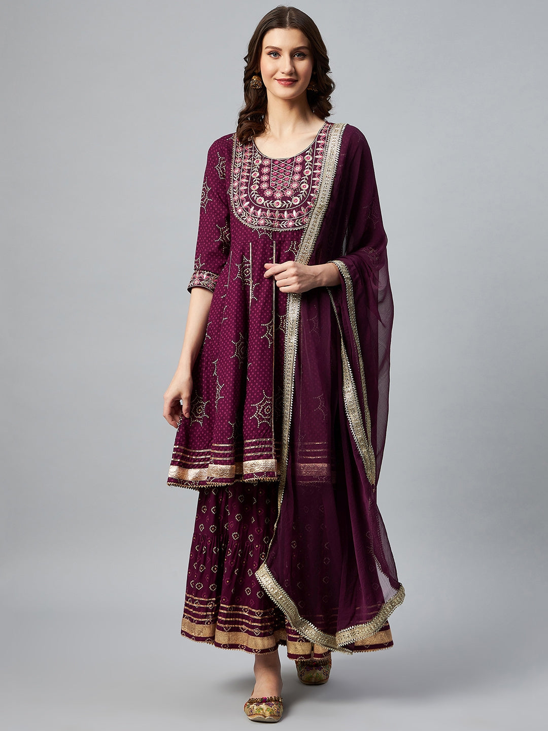 InWeave Wine Gota Mirror Sharara Set