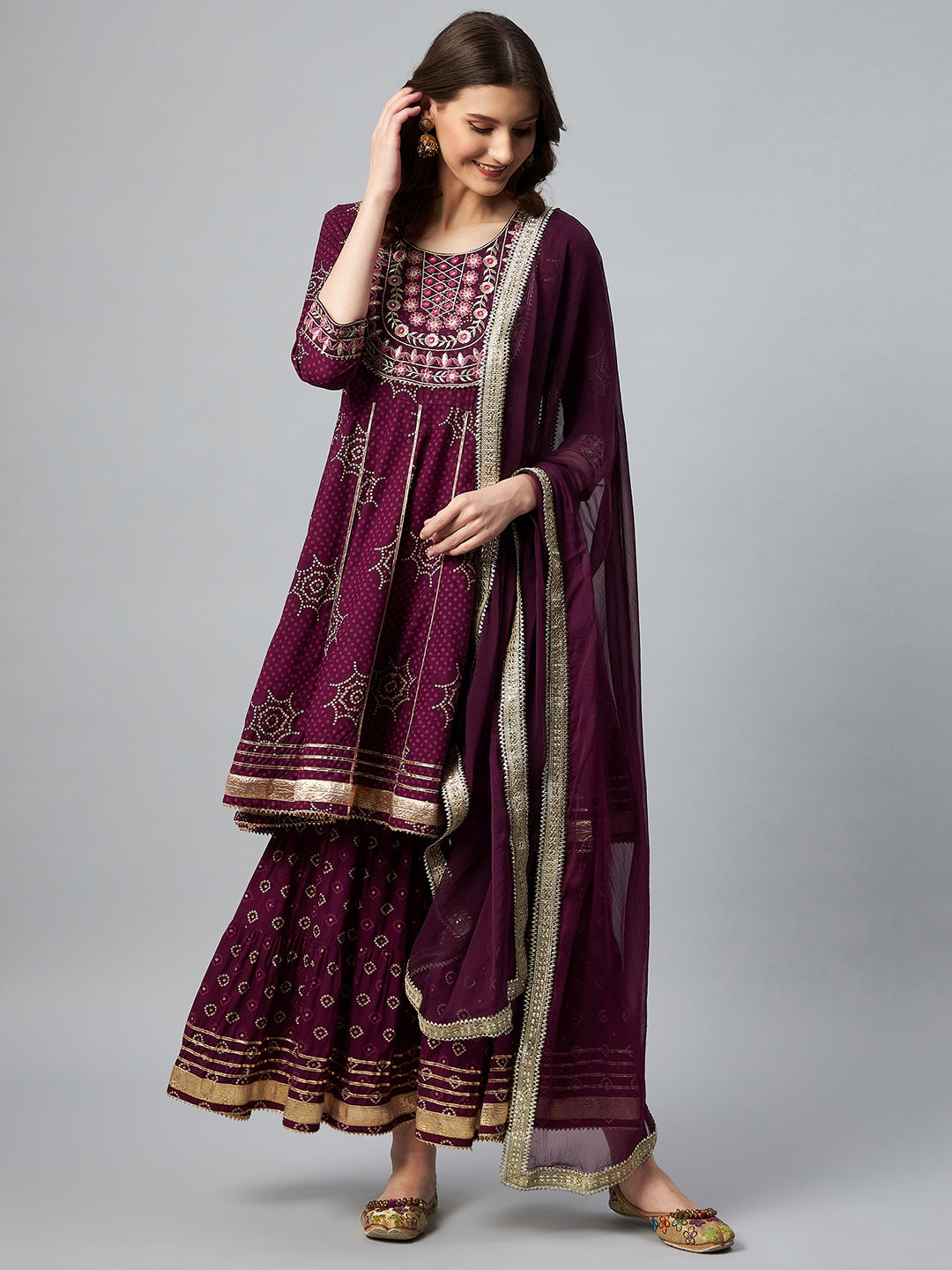InWeave Wine Gota Mirror Sharara Set