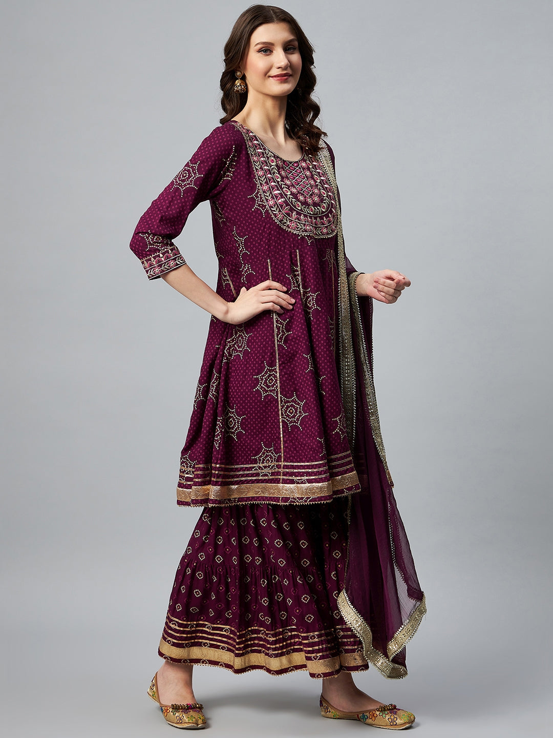 InWeave Wine Gota Mirror Sharara Set
