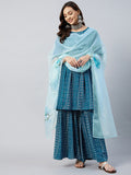 InWeave Women's Ocean Blue Bandhej Sharara Set Blue Hand Print Dupatta