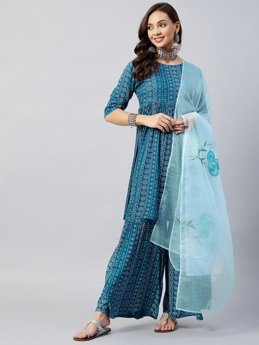 InWeave Women's Ocean Blue Bandhej Sharara Set Blue Hand Print Dupatta