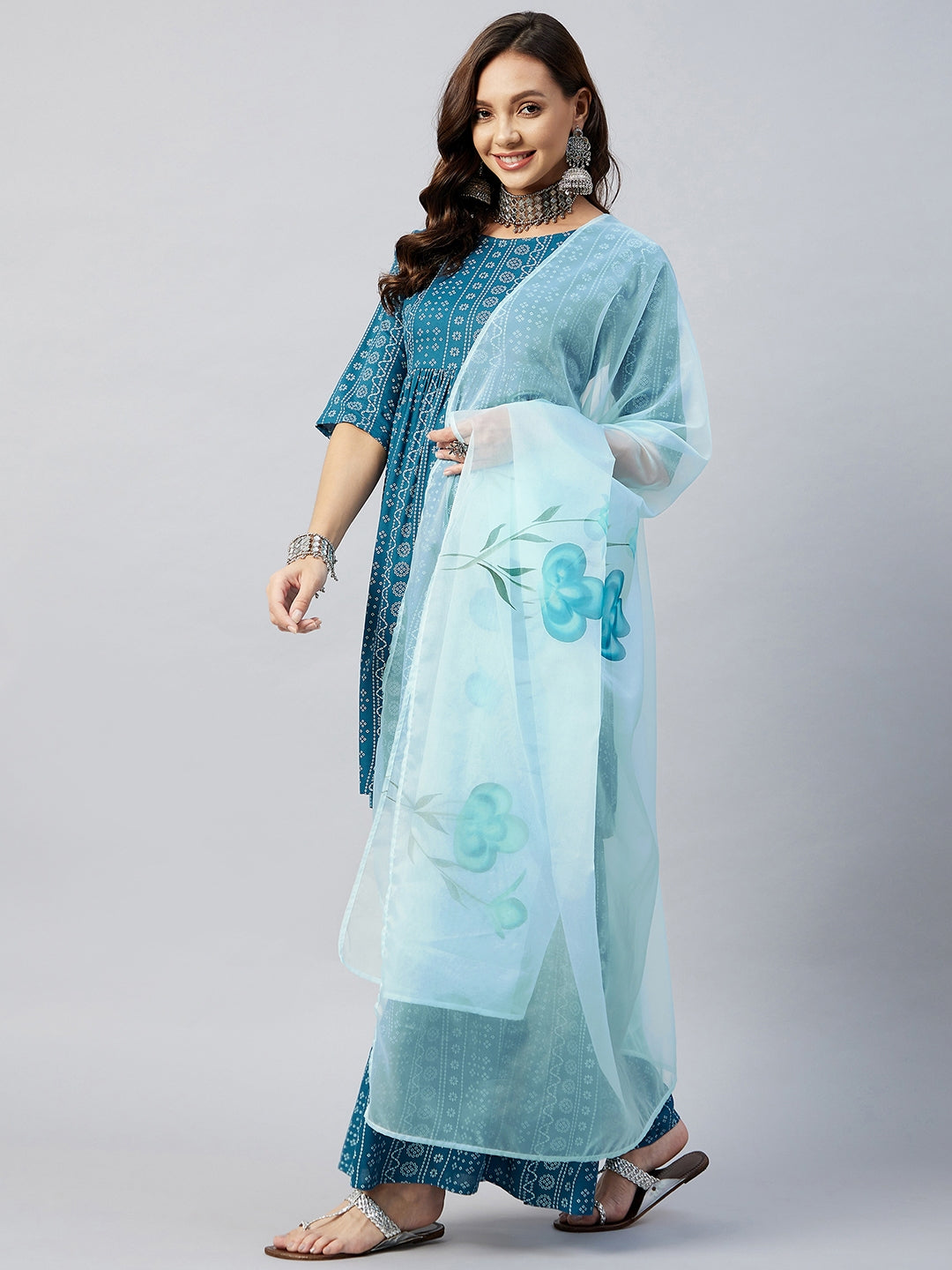 InWeave Women's Ocean Blue Bandhej Sharara Set Blue Hand Print Dupatta