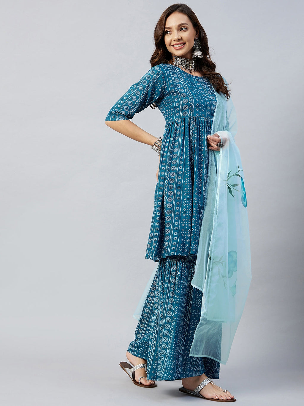 InWeave Women's Ocean Blue Bandhej Sharara Set Blue Hand Print Dupatta