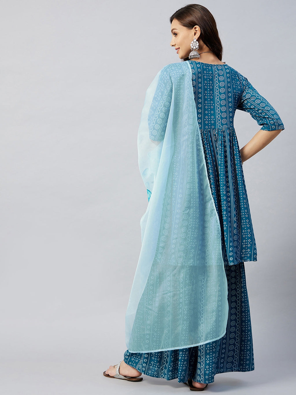 InWeave Women's Ocean Blue Bandhej Sharara Set Blue Hand Print Dupatta