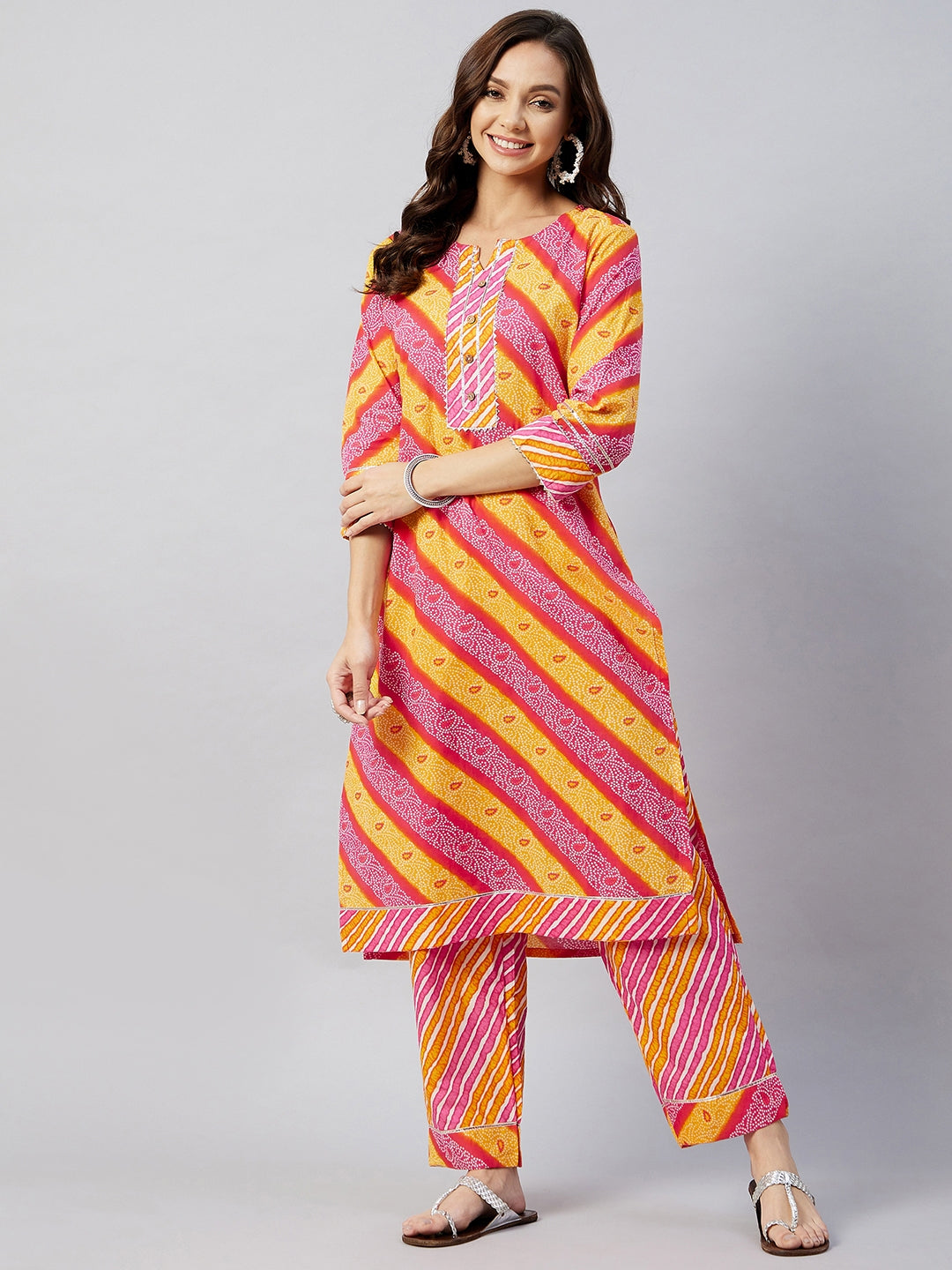 InWeave Women's Pink Mustard Lehriya Straight Kurta Set