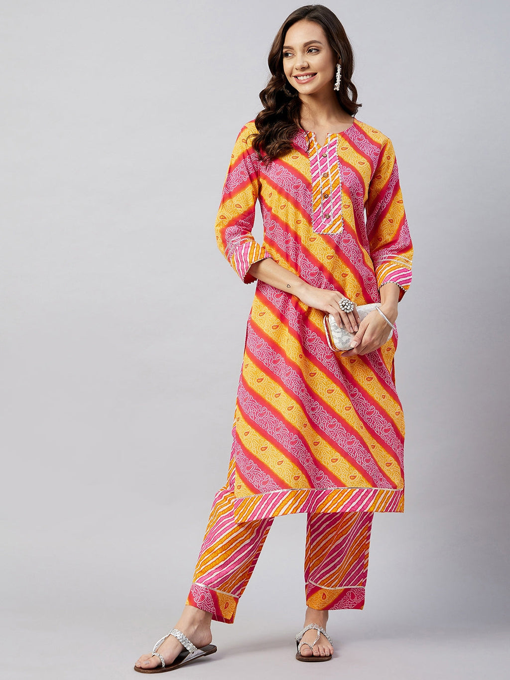 InWeave Women's Pink Mustard Lehriya Straight Kurta Set
