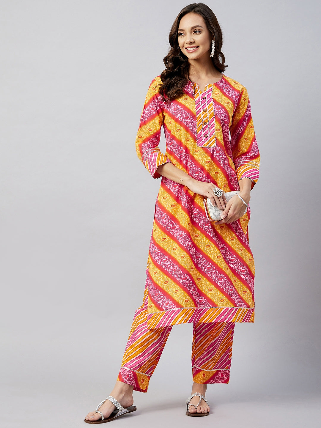 InWeave Women's Pink Mustard Lehriya Straight Kurta Set