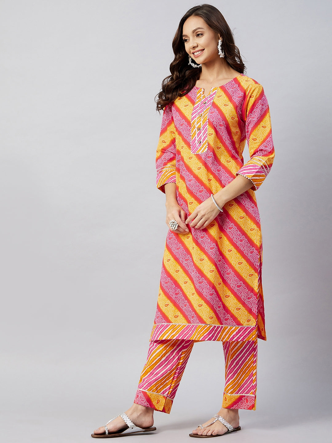 InWeave Women's Pink Mustard Lehriya Straight Kurta Set