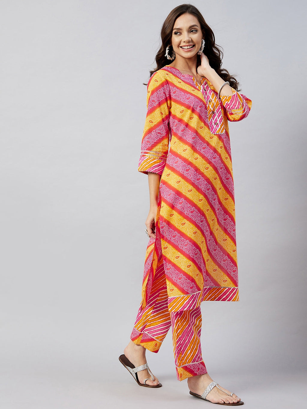 InWeave Women's Pink Mustard Lehriya Straight Kurta Set