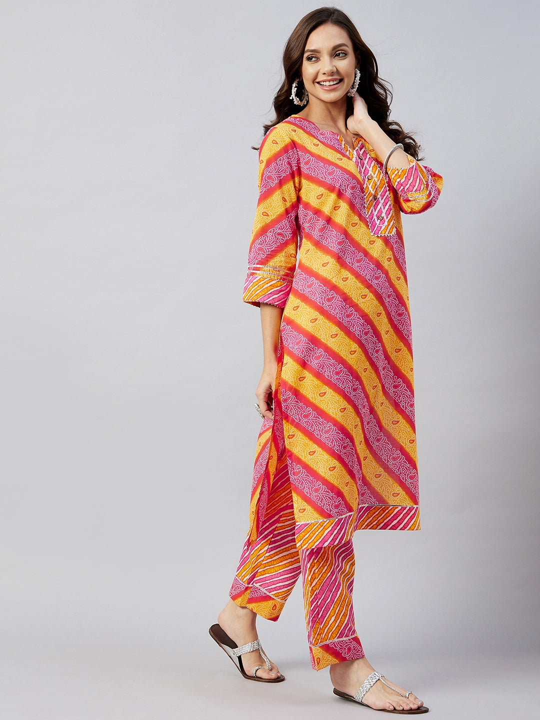 InWeave Women's Pink Mustard Lehriya Straight Kurta Set