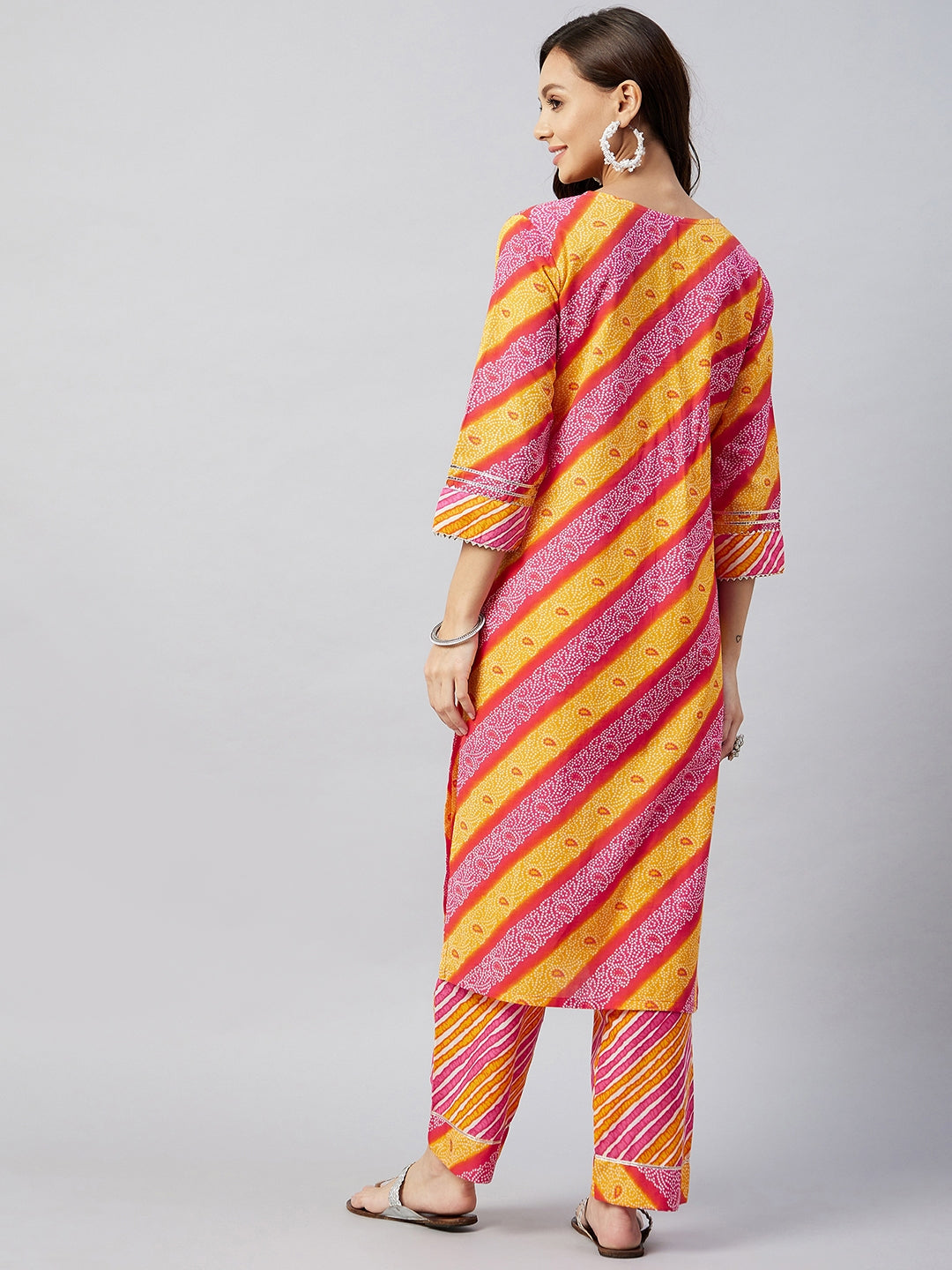 InWeave Women's Pink Mustard Lehriya Straight Kurta Set