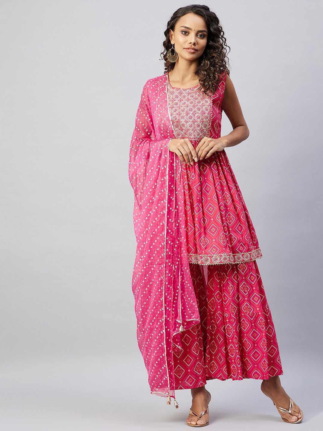 InWeave Women's Pink Embroided Bandhani Kurta Sharara Set