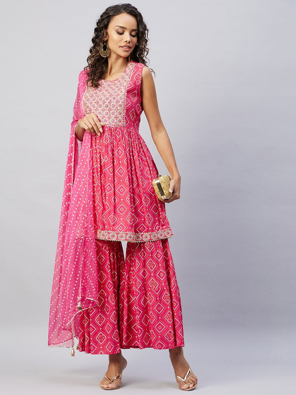 InWeave Women's Pink Embroided Bandhani Kurta Sharara Set
