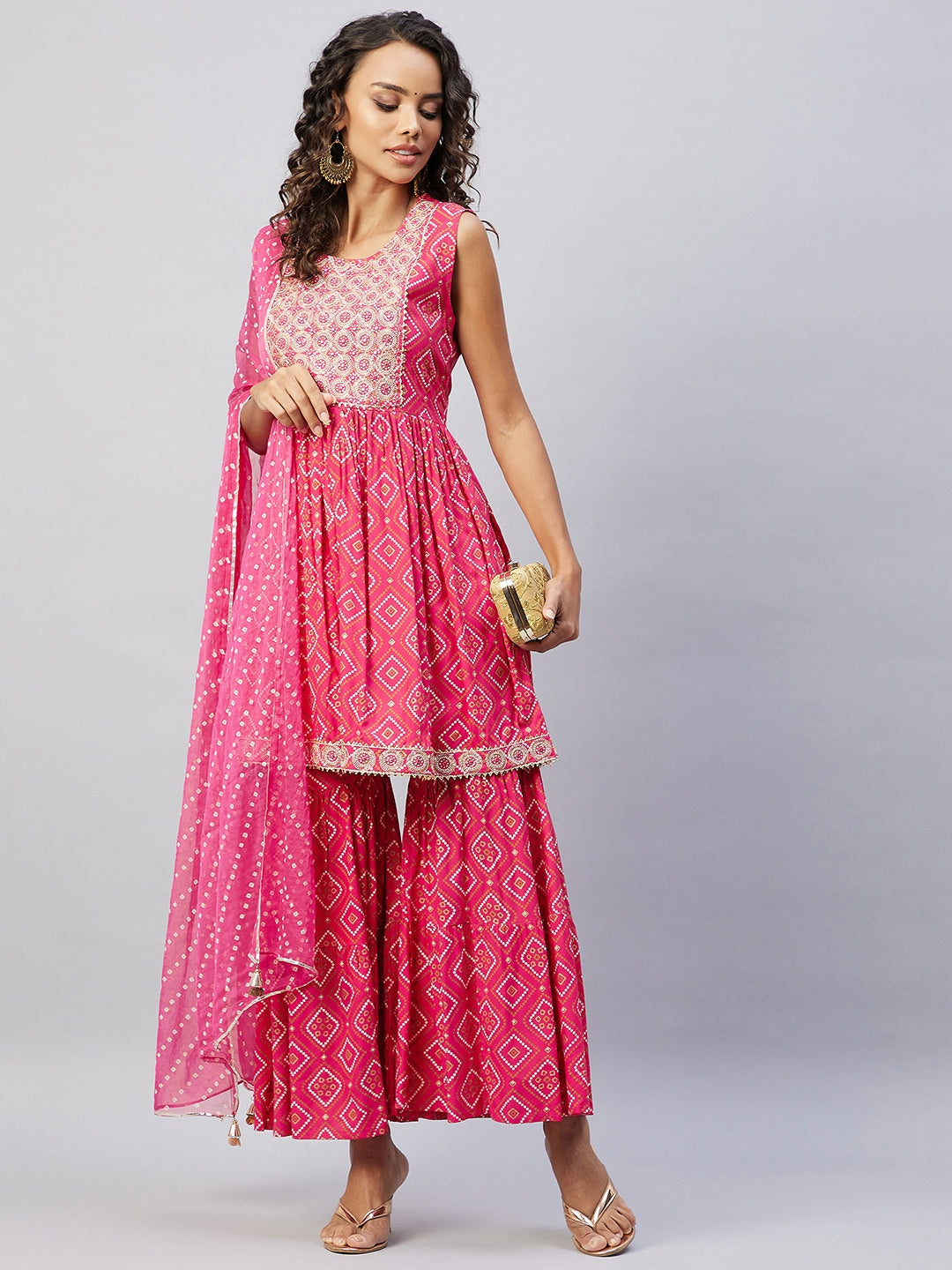 InWeave Women's Pink Embroided Bandhani Kurta Sharara Set