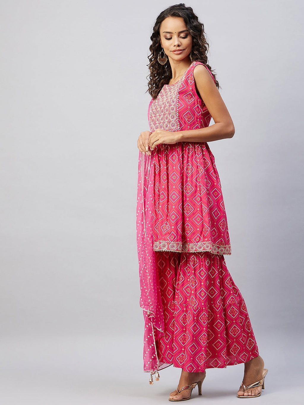 InWeave Women's Pink Embroided Bandhani Kurta Sharara Set