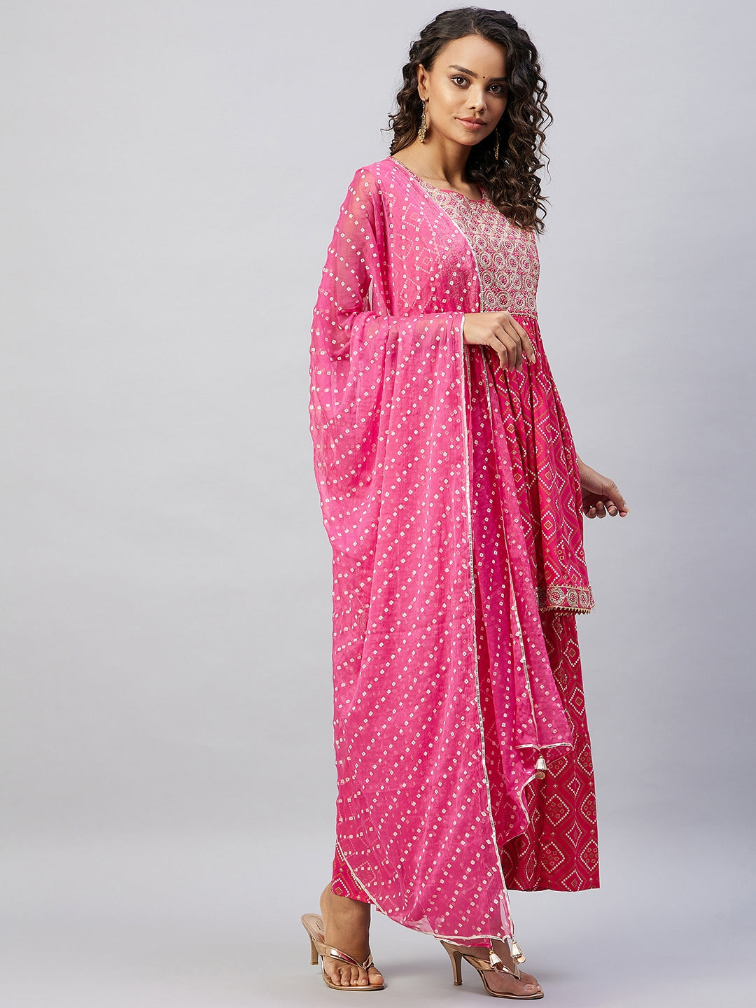 InWeave Women's Pink Embroided Bandhani Kurta Sharara Set