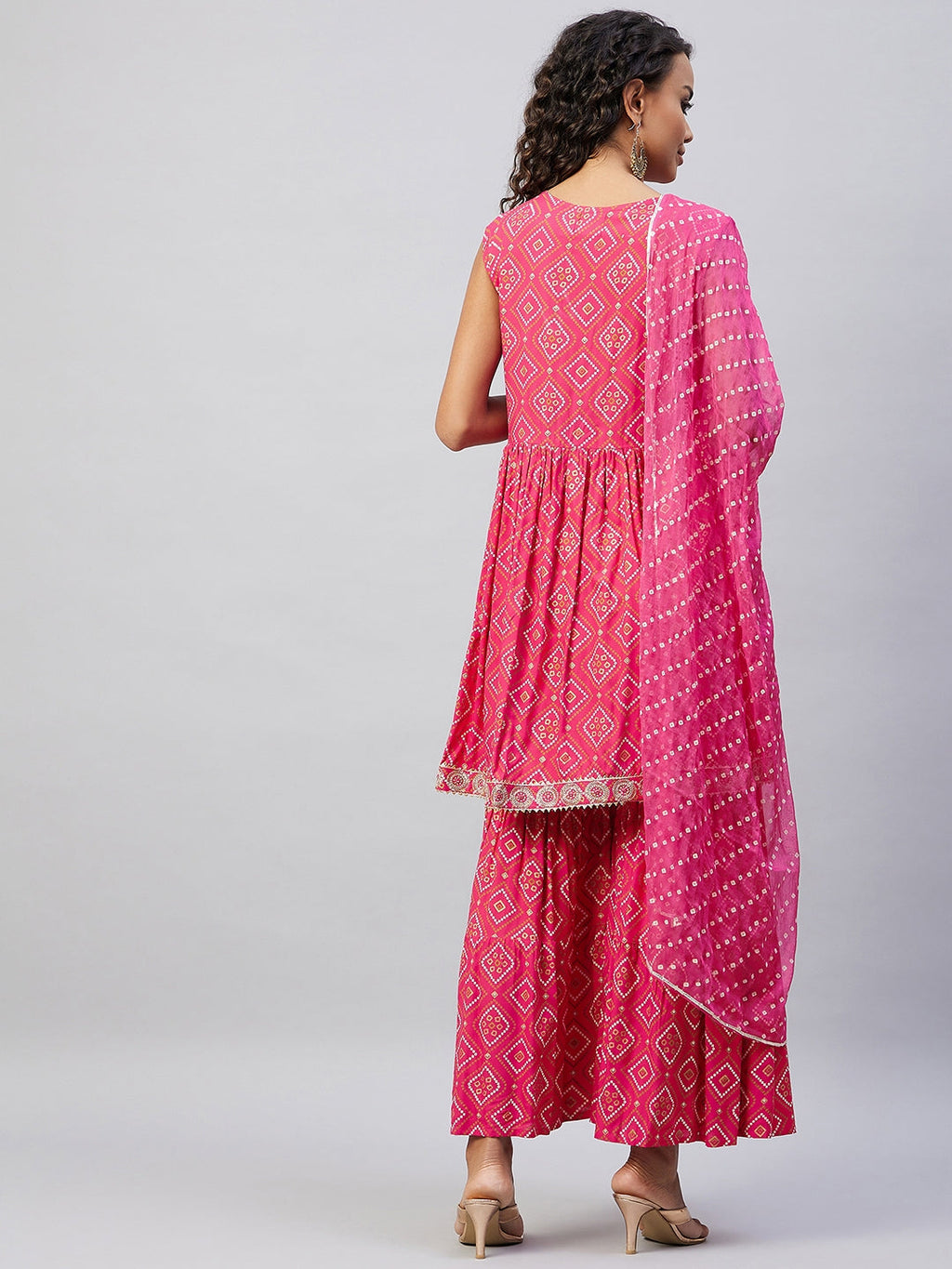 InWeave Women's Pink Embroided Bandhani Kurta Sharara Set
