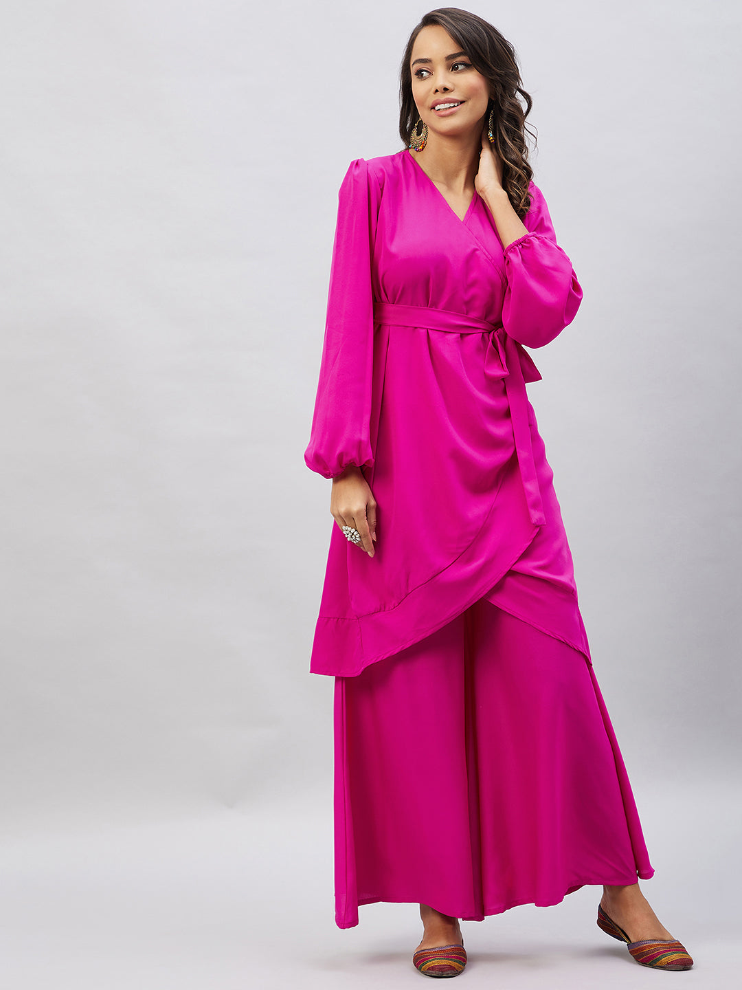 InWeave Women's Magenta Tie Up Kurta Palazzo Set