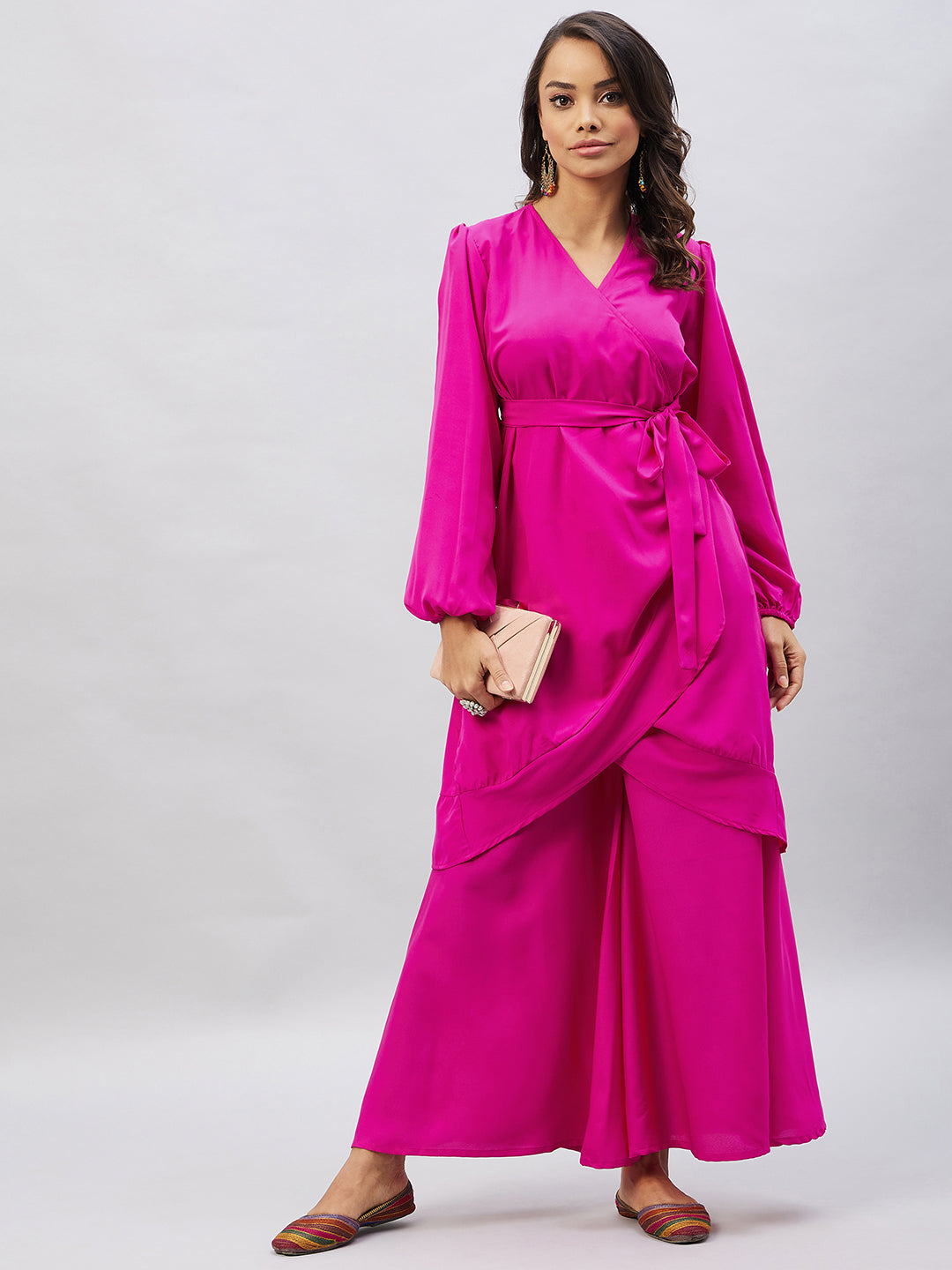 InWeave Women's Magenta Tie Up Kurta Palazzo Set