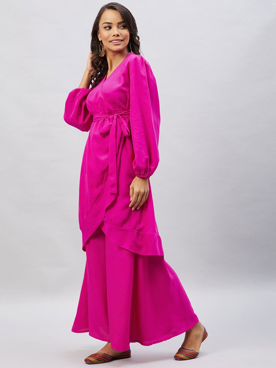InWeave Women's Magenta Tie Up Kurta Palazzo Set