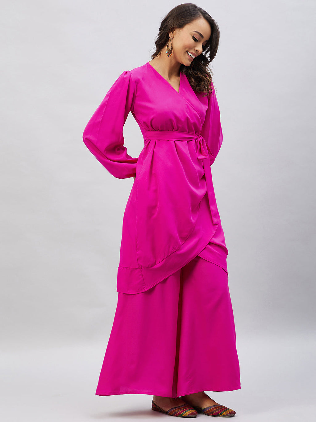 InWeave Women's Magenta Tie Up Kurta Palazzo Set