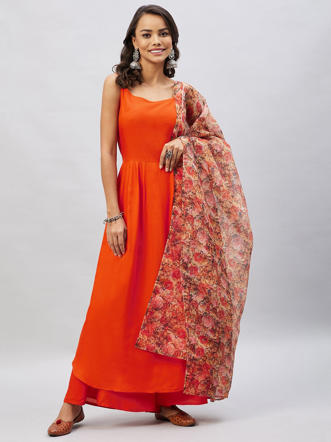 InWeave Women's Orange Strappy Set With Beige Orange Floral Organza Dupatta
