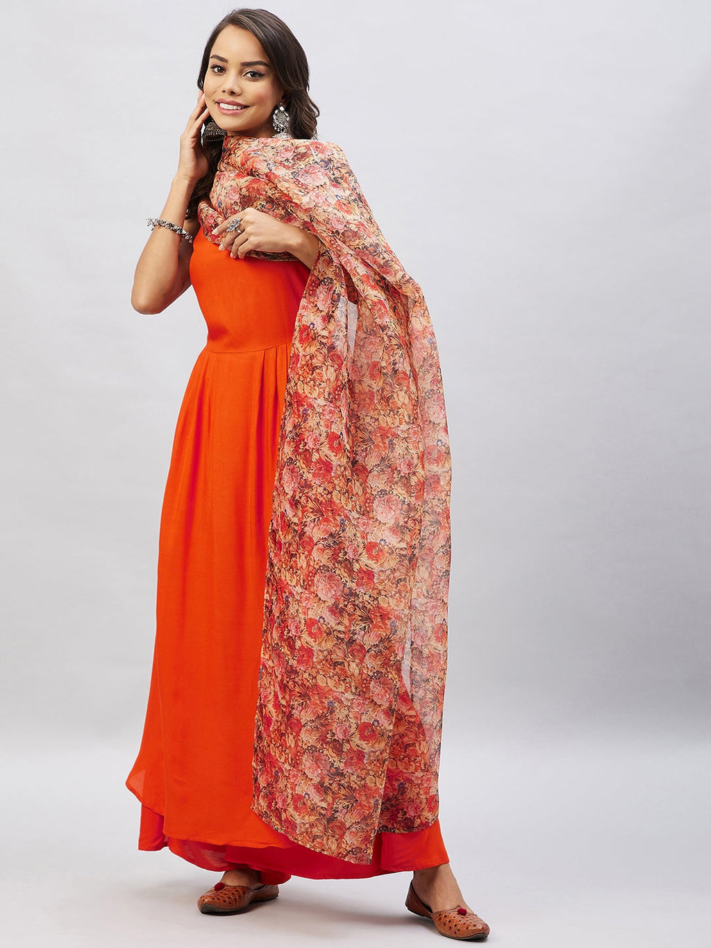 InWeave Women's Orange Strappy Set With Beige Orange Floral Organza Dupatta
