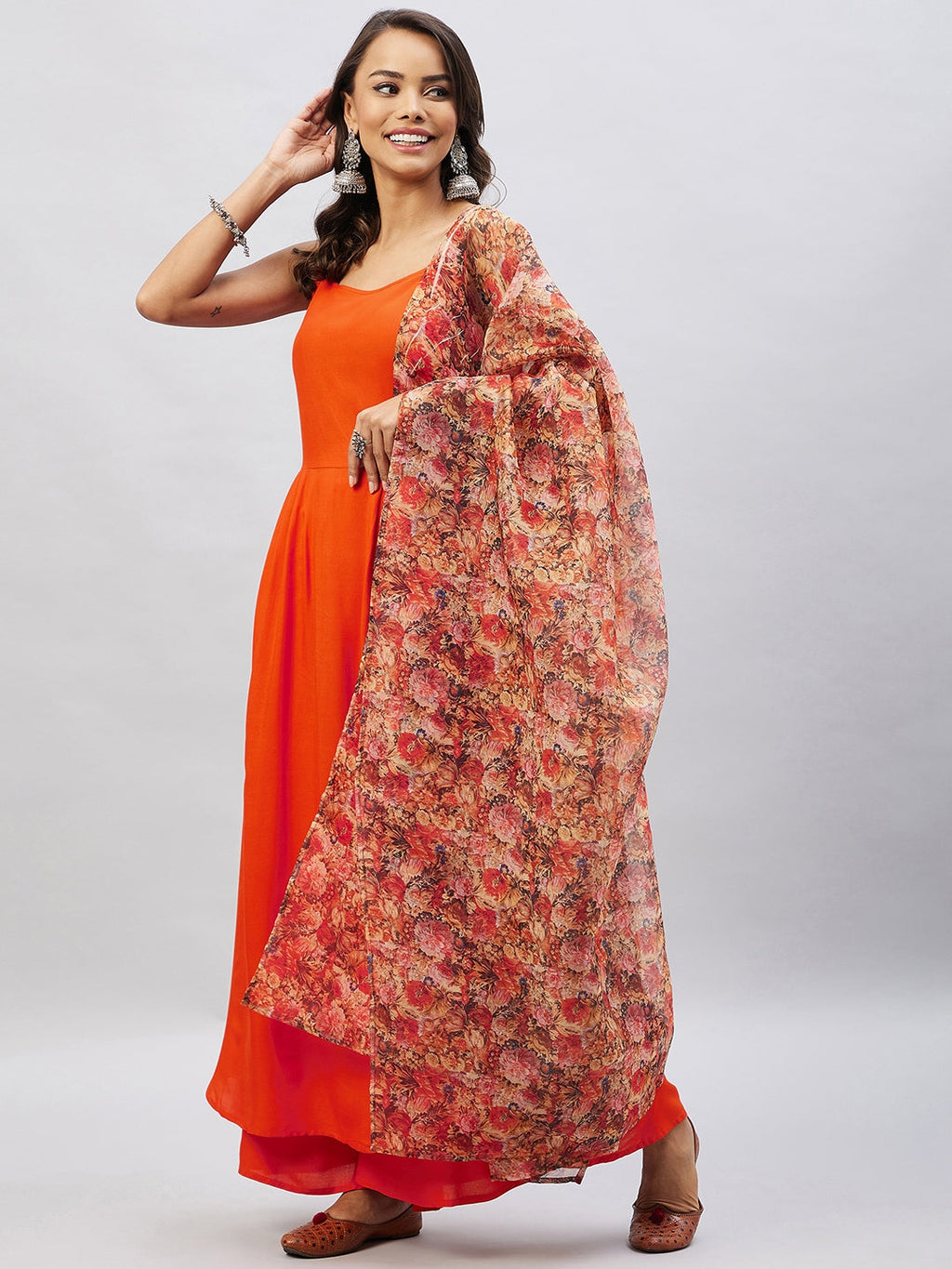 InWeave Women's Orange Strappy Set With Beige Orange Floral Organza Dupatta
