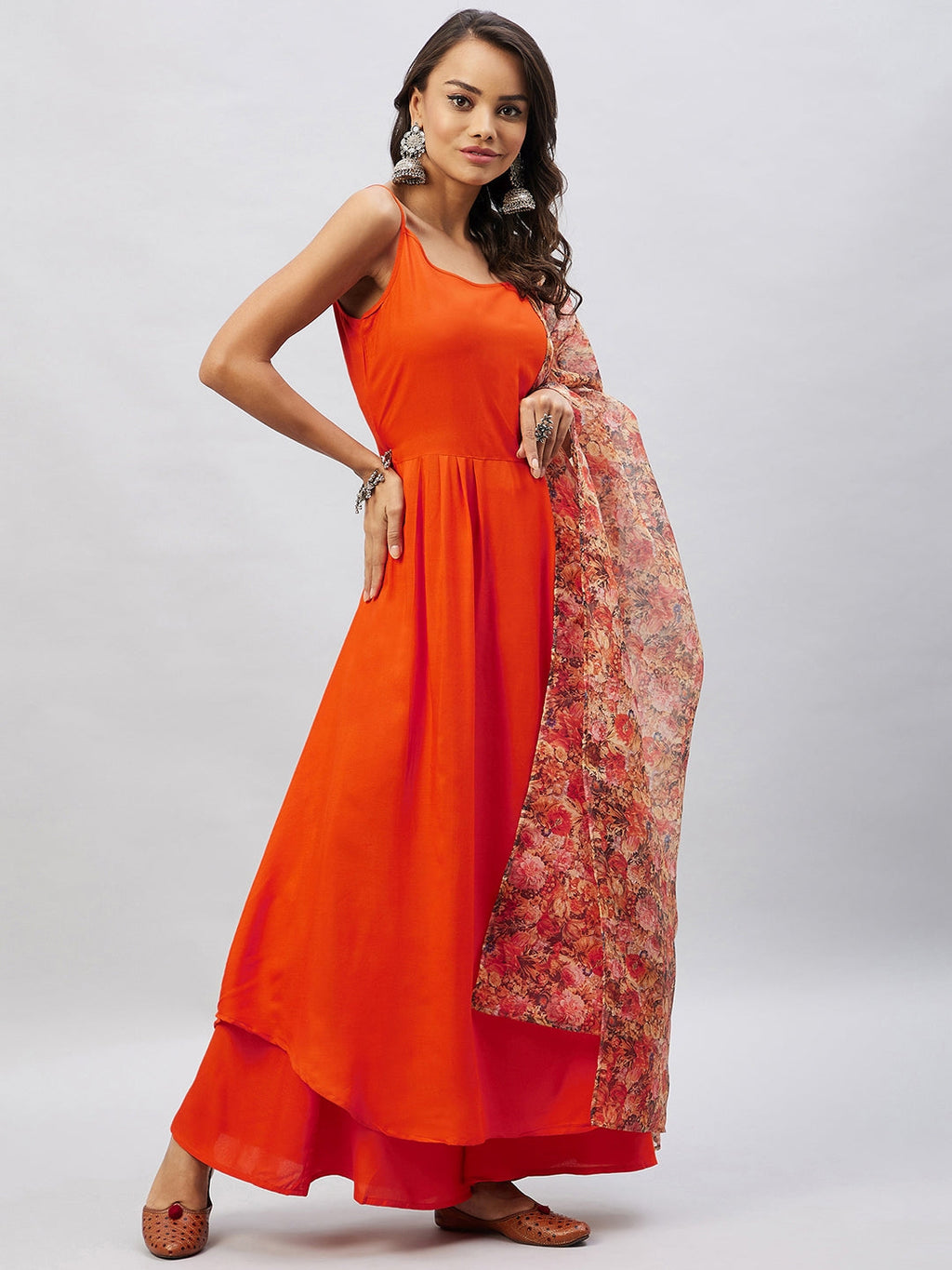 InWeave Women's Orange Strappy Set With Beige Orange Floral Organza Dupatta
