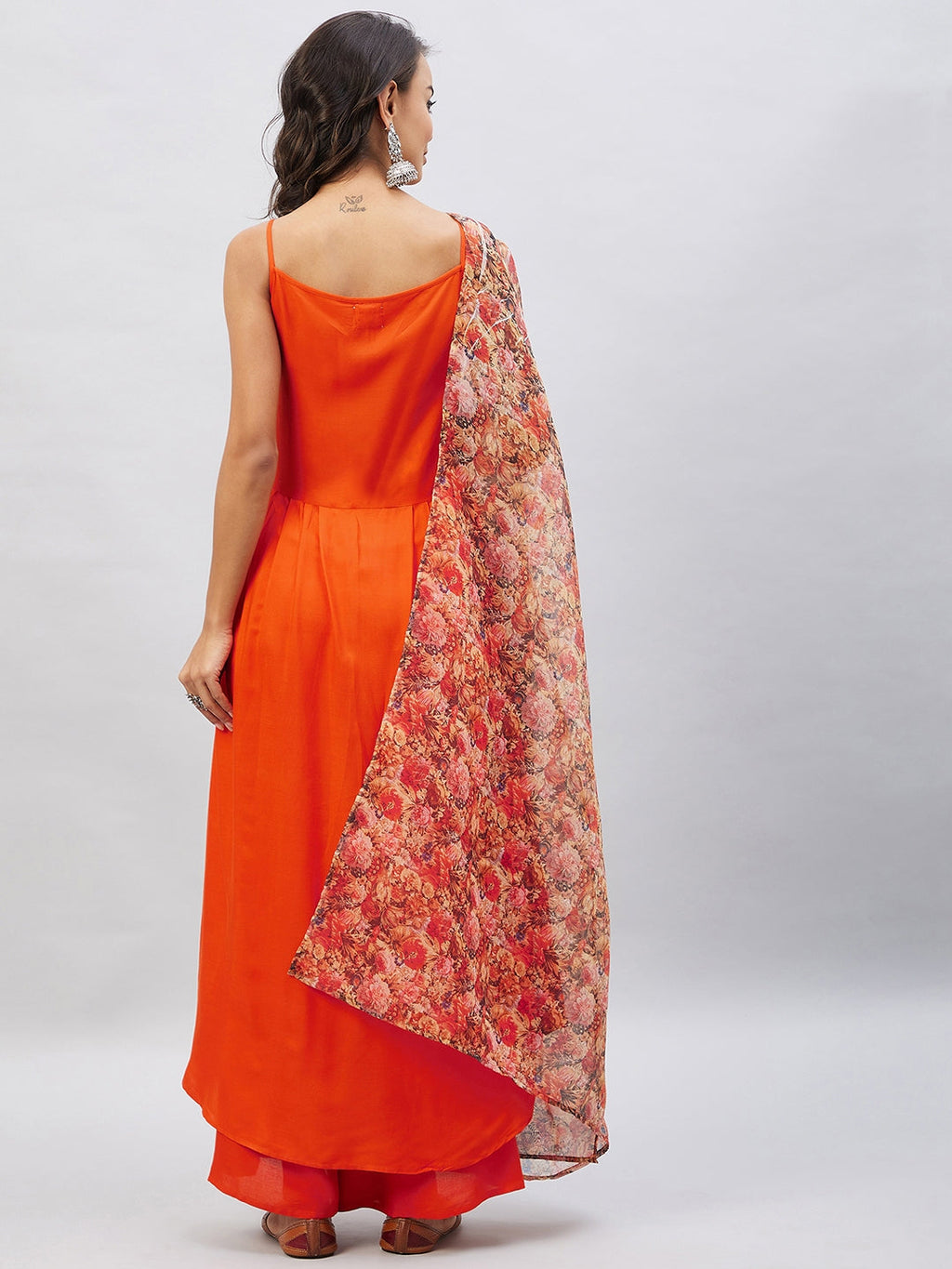 InWeave Women's Orange Strappy Set With Beige Orange Floral Organza Dupatta
