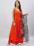 InWeave Women's Orange Strappy Set With Black Floral Organza Dupatta