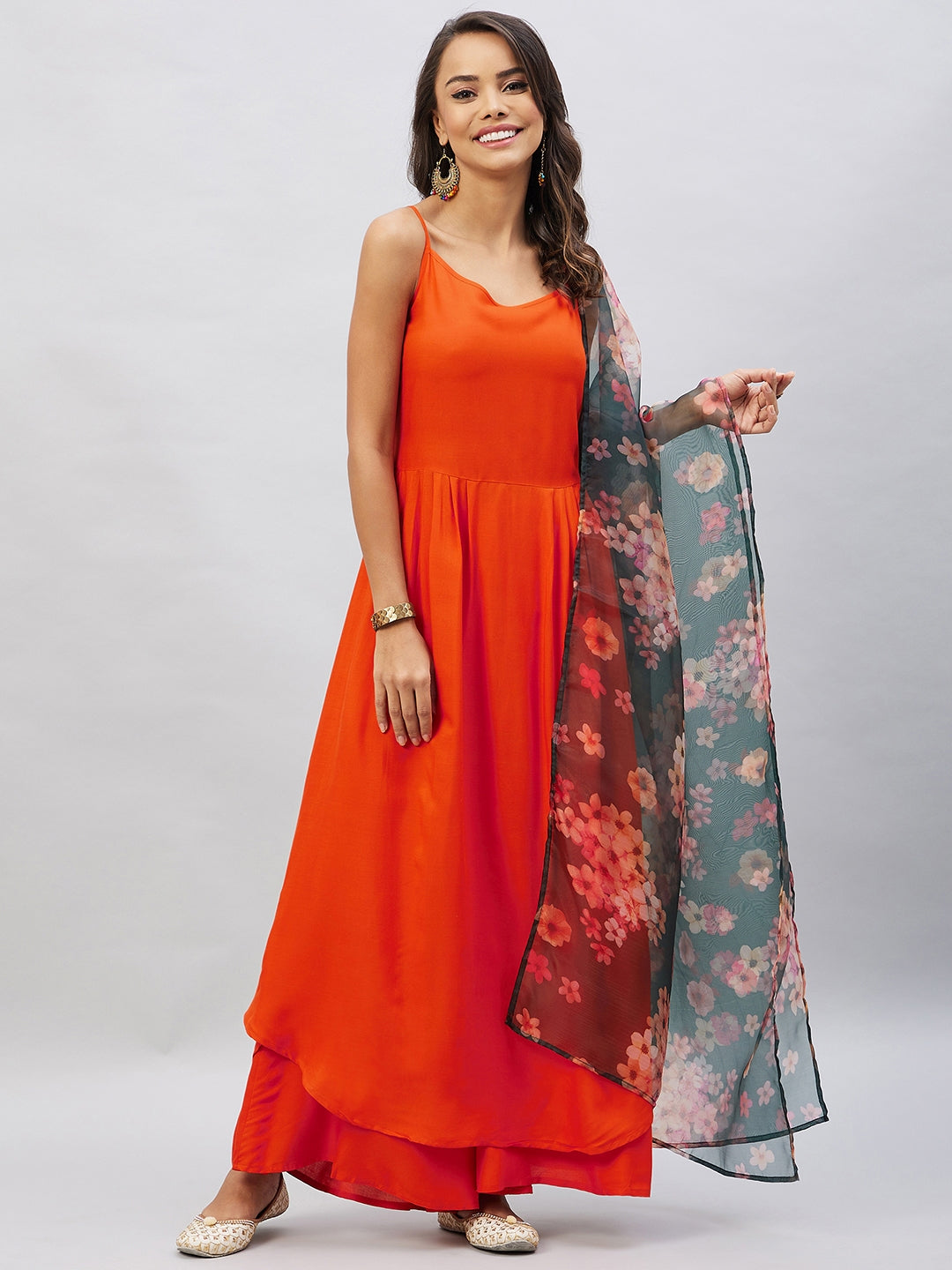 InWeave Women's Orange Strappy Set With Black Floral Organza Dupatta