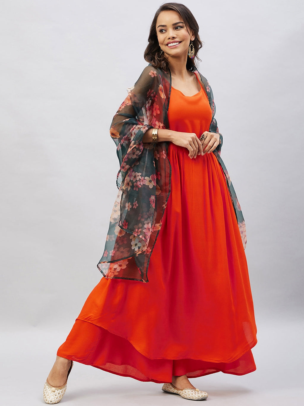 InWeave Women's Orange Strappy Set With Black Floral Organza Dupatta