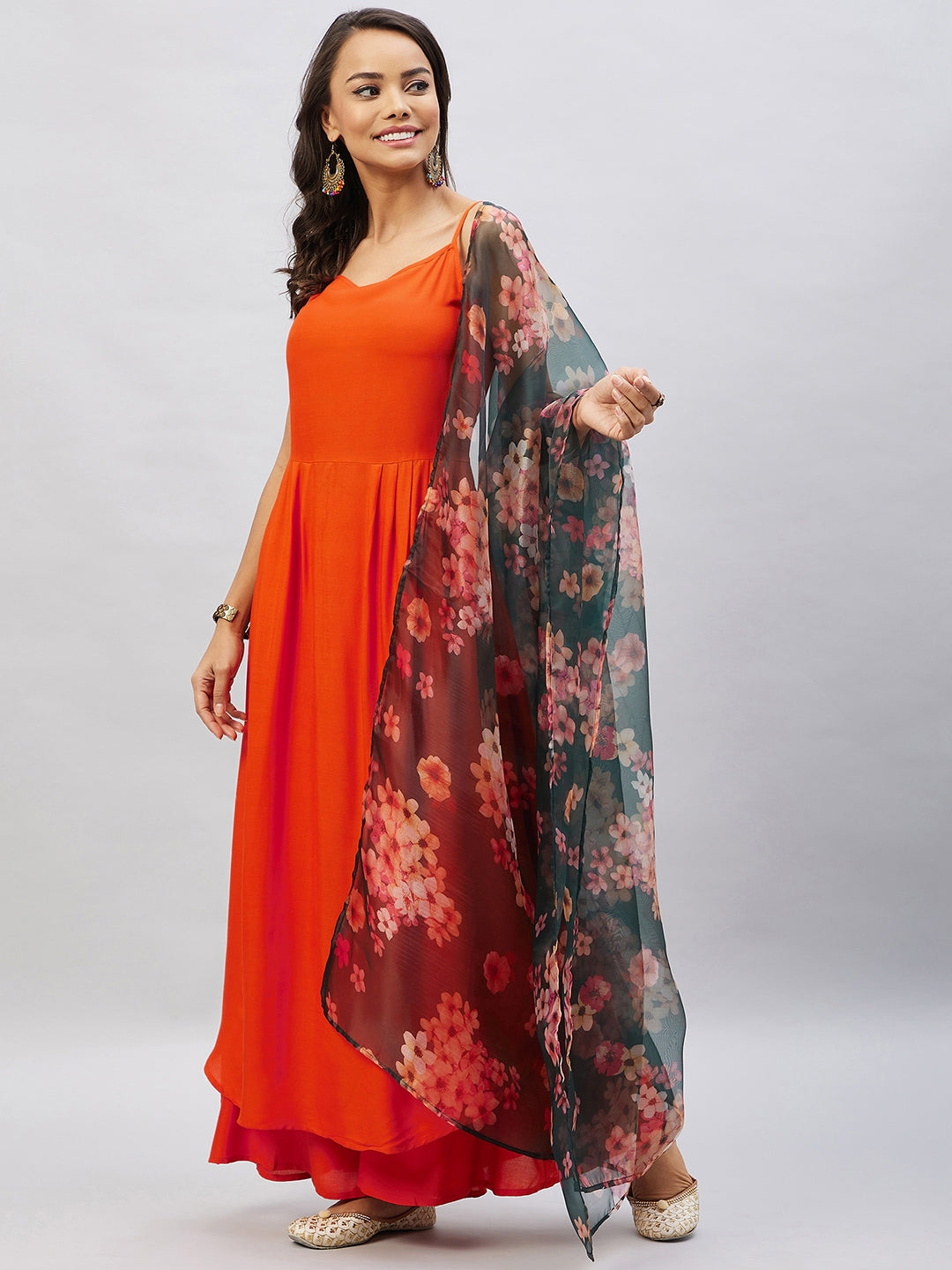 InWeave Women's Orange Strappy Set With Black Floral Organza Dupatta