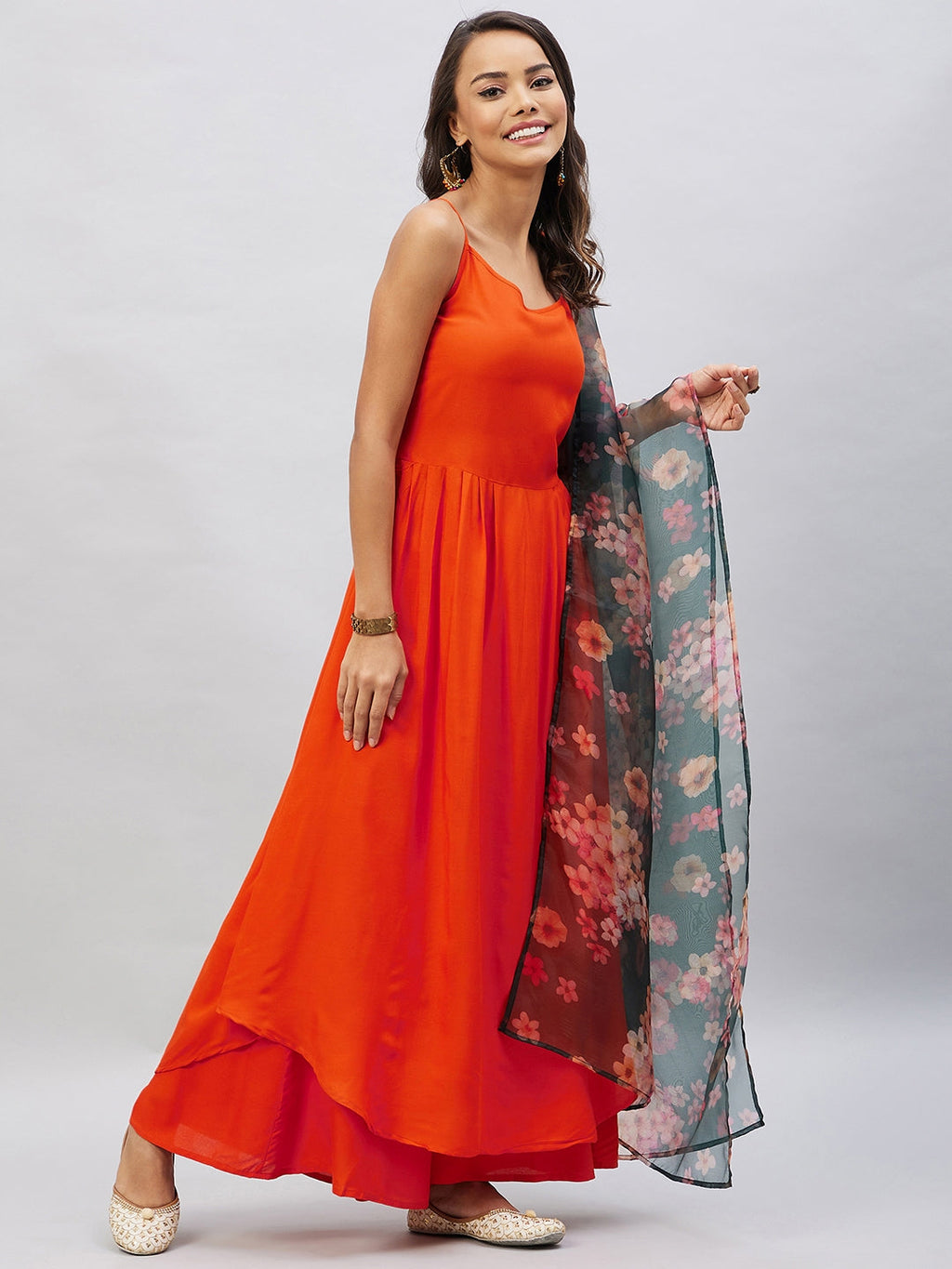 InWeave Women's Orange Strappy Set With Black Floral Organza Dupatta